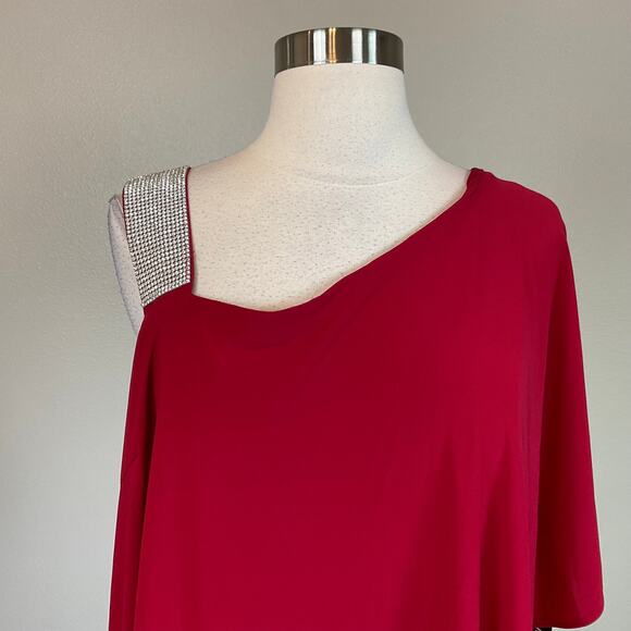 Red Beaded One Shoulder Shift Cocktail Dress Size 14W R&M Richards Draped Mini - Picture 6 of 12